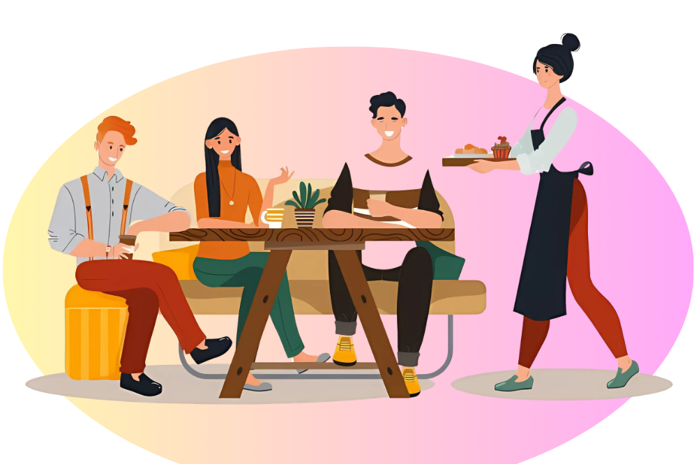 Illustration of people dining at a table with a waitress serving