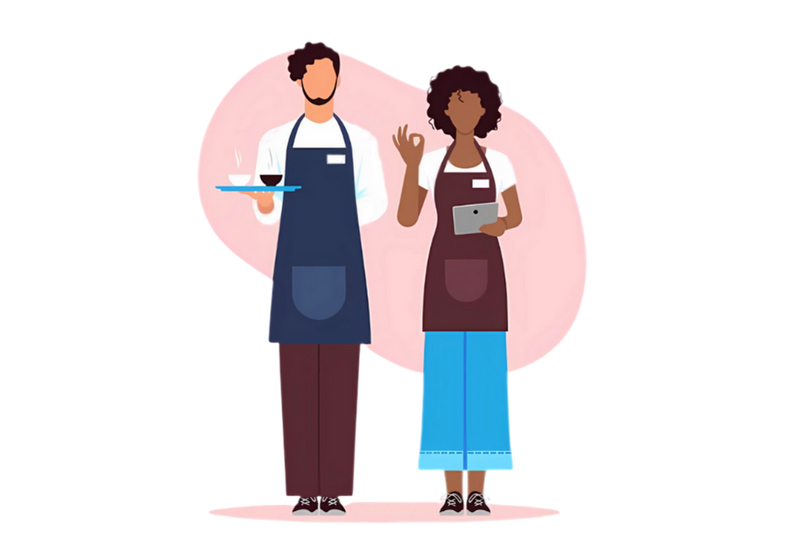 Illustration of two service professionals - a waiter and a server with tablet
