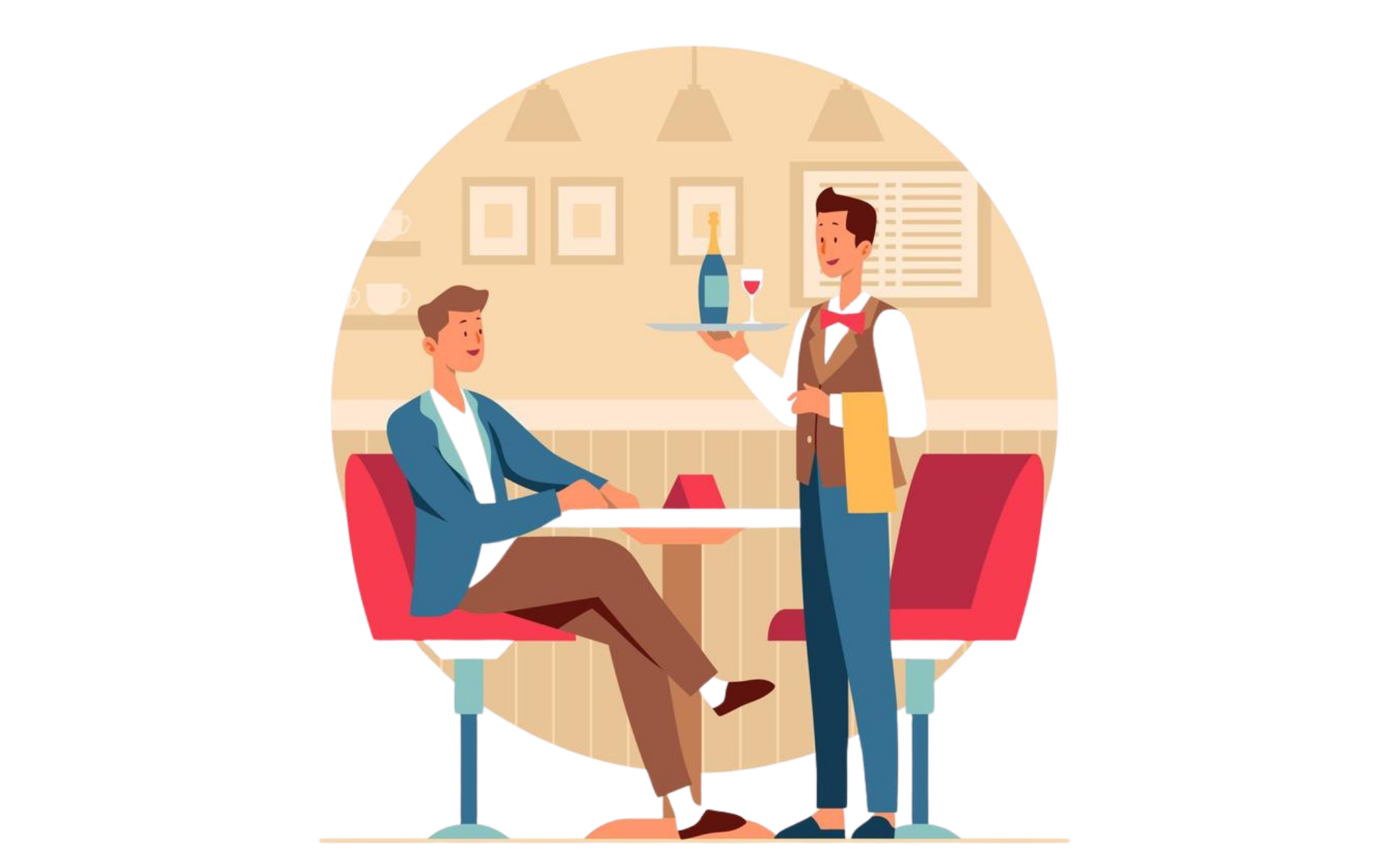 Illustration of a customer and waiter in an upscale restaurant setting